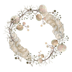 a wreath of feathers/The watercolor drawing, handmade drawing , a wreath of feathers and twigs in pastel colors
