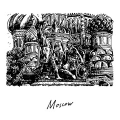 Statue of Minin and Pozharsky against the backdrop of St. Basil's Cathedral in Moscow Russia. Sketch by hand. Vector illustration. Engraving style