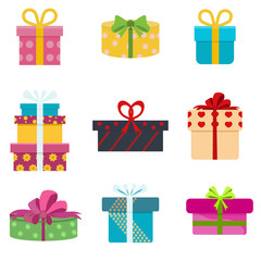 Vector set of different gift boxes. Flat birthday design.