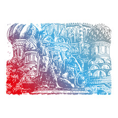 Statue of Minin and Pozharsky against the backdrop of St. Basil's Cathedral in Moscow Russia. Sketch by hand. Vector illustration. Engraving style