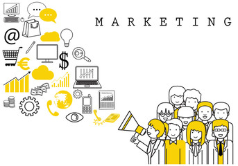 Marketing Team-On White Background-Vector Illustration,Graphic Design.Business Content For Web,Websites,Magazine Page,Print,Presentation Templates And Promotional Materials.Businesspeople Thin Line