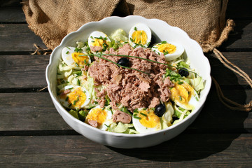 organisch, lifestyle, hölzern, shabby chic, omega-3 salat, honig, senf, dressing, nicoise, salate, urbano, shabby chic, country, rustikal