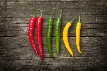 Different colors chilli peppers.