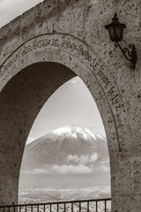 Monochromatic view of volcano Misti in Arequipa Peru framed by a