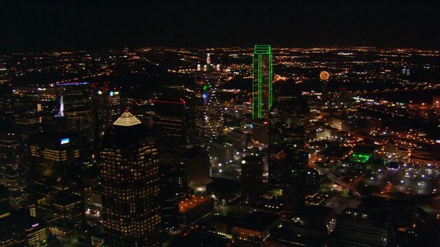 Night flight over downtown Dallas, Texas