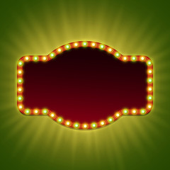 Blank 3d retro light banner with shining bulbs. Red frame with red and green lights and blank space for your advertising text. Vector illustration.