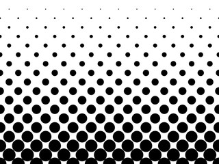 Halftone background of black dots on white background. Gradient of large dots at the bottom and smaller dots at the top of illustration.
