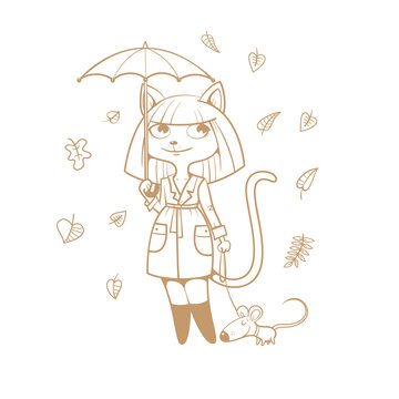 Postcard with cute cartoon  cat girl in  coat  under  umbrella and mouse. Autumn season. Rainy weather.  Falling leaves. Children's illustration. Vector contour image no fill.