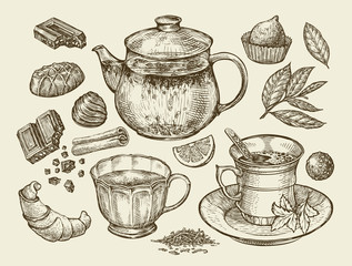 Drinks and food. Hand drawn tea, coffee, teapot, cup, chocolate, candy, croissant, dessert. Sketch vector illustration