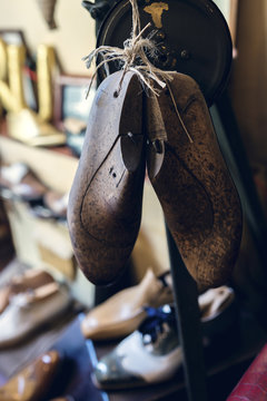 Shoe lasts in cobbler's workshop