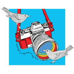 Naklejki  The poster with the image of the camera and birds. Vector illustration.