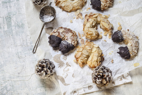 Home-baked Christmas cookies, almond crescents with powdered sugar