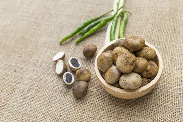 Barometer Earthstars, mushroom in wooden bow and lemongrass