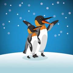 pinguin icon. Snowing background. Vector graphic