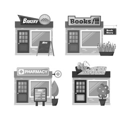 Store shop front window buildings icon set flat isolated vector illustration. Shop front retail building door and street facade market shop front. Shop front urban restaurant architecture exterior.