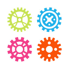 Vector gears icons set machine wheel mechanism machinery mechanical, technology technical sign. Engineering symbol, round element gears icons. Gears icons work concept, industrial design.