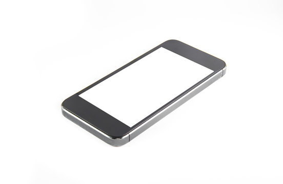 Black modern smartphone with blank screen lies on the surface, isolated on white background. Whole image in focus, high quality.