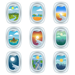 Group of airplane windows with different views. Airplane window view night holiday vacation. Commercial airline, clouds sunset airplane window view. Clean window travel airplane set.