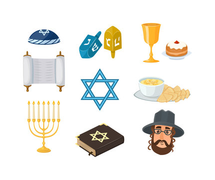 Judaism church traditional symbols icons set and jewish symbols isolated vector illustration. Jewish symbols traditional torah menorah and jewish symbols holiday hanukkah religious design.