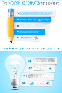 Two infographics template with pencil and bulb