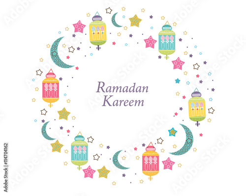 "Ramadan Kareem with Lamps, Crescents and Stars 