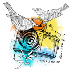 The poster with the image of the camera and birds. Vector illustration.