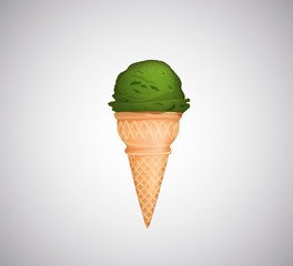 Pistachio ice cream cone isolated.
