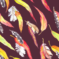 Colored leaves, feathers. Seamless autumn pattern. Watercolor - vintage style