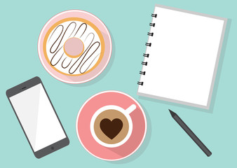 Smartphone donuts coffee and sketch book with pencil on the table. Flat design vector overview.