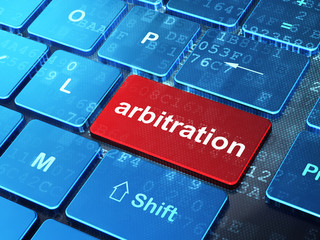 Law concept: Arbitration on computer keyboard background - obrazy, fototapety, plakaty