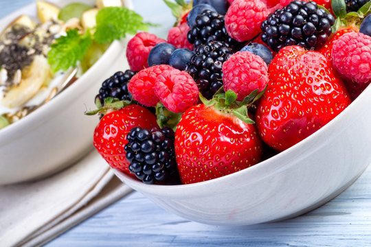 Bowl of fresh fruit. Bblackberries; raspberries; blueberries on