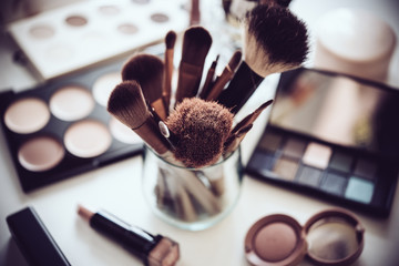 Professional makeup brushes and tools, make-up products set - obrazy, fototapety, plakaty
