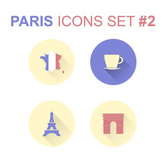 Paris icons set with long shadow. Vector illustration