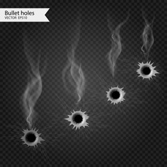 Bullet holes with smoke. Vector Isolated. Really transparent effect
