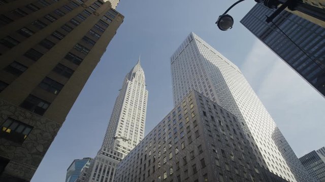 Wide low angle shot of highrise buildings in cityscape / New York, New York, United States