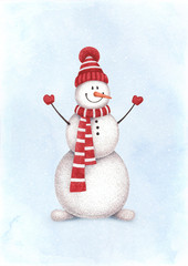 Watercolor illustration of snowman. Perfect for Christmas card