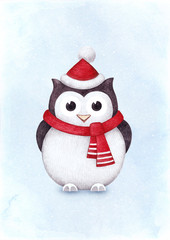 Watercolor illustration of owl. Perfect for Christmas greeting c