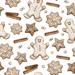 Fototapeta na wymiar Watercolor seamless pattern. Gingerbread cookies