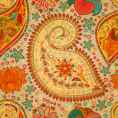Paisley vintage floral motif ethnic seamless background. Abstract lace pattern.Imitation textile factory. Hand drawing colorful wallpaper. EPS-10 vector texture.