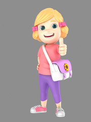 3d render of cute blonde little girl showing thumbs up sign wearing bag