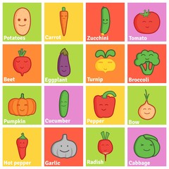 Set of funny character vegetables flat icons. Broccoli and hot pepper. Vector illustration.