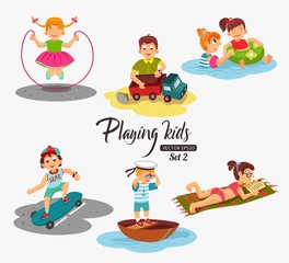 Cartoon kids playing. Boy playing with a toy car, rides skateboard, swim in the boat, looking through binoculars. Girl jumping rope, swimming, reading a book. Vector eps 10 format.