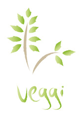 Grafik - grüner Zweig mit Blättern und Schriftzug veggi, vegan, vegetarisch - gesunde Ernährung