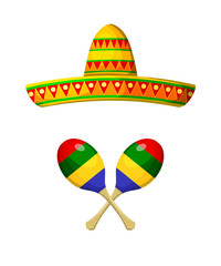 National Mexican sombrero and maracas on a white background. Obj