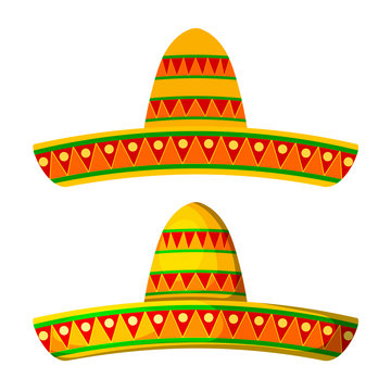 Two Colored Cartoon Sombrero On A White Background. Isolate. Wid