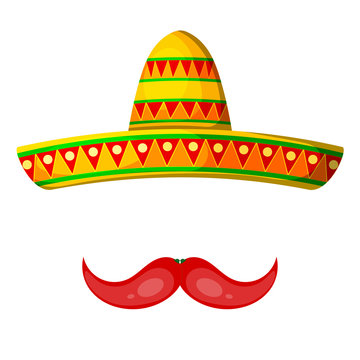 Colored Cartoon Sombrero And Pepper Mustache On A White Backgrou