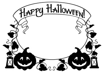 Black and white frame with Halloween pumpkin and text "Happy Halloween!" Vector clip art.