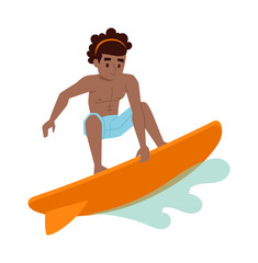 Vector surfing boy standing. Surfing people surfer boy, water sports. Sunny beach water hobby surfing people summer vacation lifestyle. Tropical waves teenager leisure.