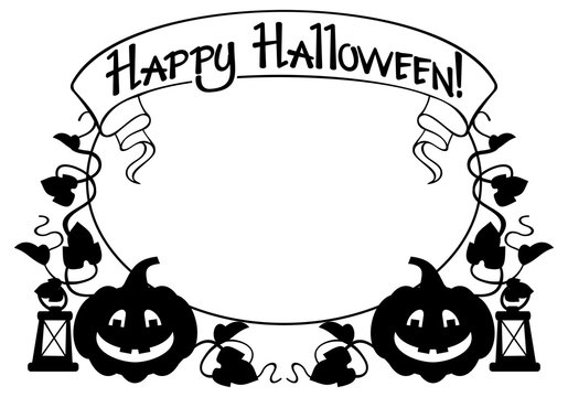 Black and white frame with Halloween pumpkin and text "Happy Halloween!" Vector clip art.