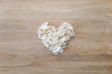 Obraz na płótnie Canvas Heart made of white rose petals. Love and romantic theme.